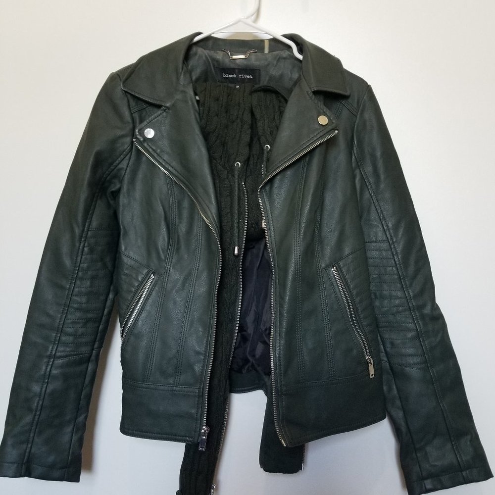 Green leather moto jacket with removable outer lining